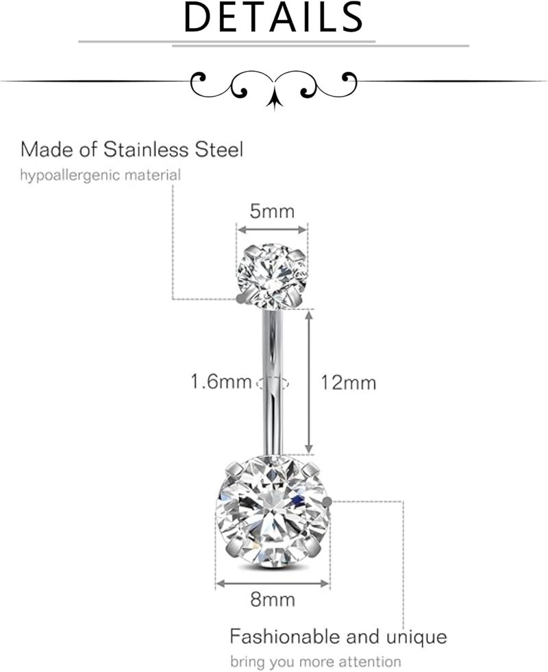 FECTAS 14g Belly Button Rings Surgical Steel CZ Petite Navel Ring for Women Body Piercing Jewelry Petite select Barbell Len 6mm 8mm 10mm 12mm 14mm Silver - Image 2